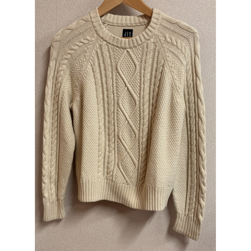 Gap Classic Cable Knit Sweater Womens M Cream Fisherman Upside Down Tag Rare